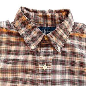 Ralph Lauren Blue Label Classic Fit Plaid Cotton Button Down Shirt Large Tan Red